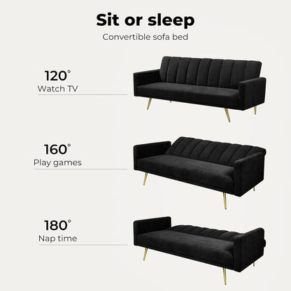 LEVEDE 3 Seater Sofa Bed Convertible, Velvet Loveseat Sofa Couch, Recliner Sofa Lounge with 3 Adjustable Backrest Positions, Spare Bed for Guest, Load Up to 220kg (197cm, Black)