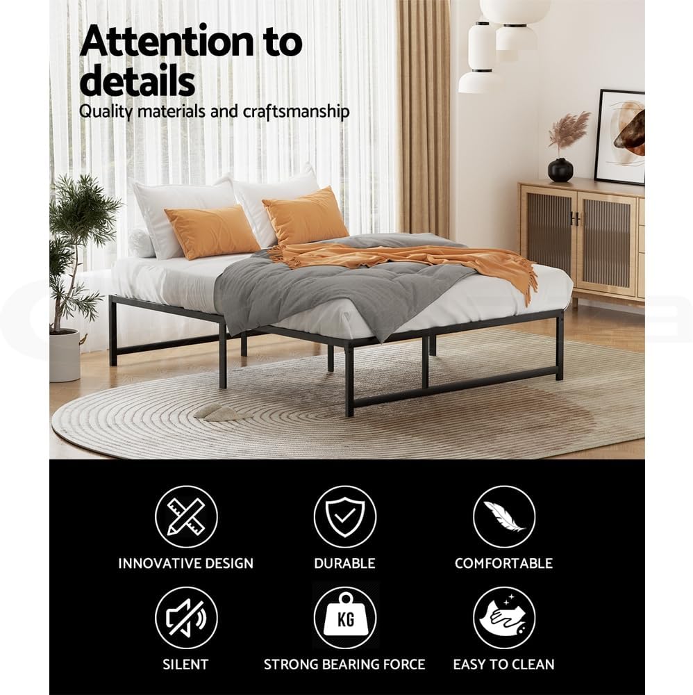 Artiss Double Metal Bed Frame with Headboard(Base Only), Metal Platform Bed with Easy Assembly, 300kg Capacity Heavy-Duty Metal Slats with Under Bed Storage for Master Room/Guest Room, Black
