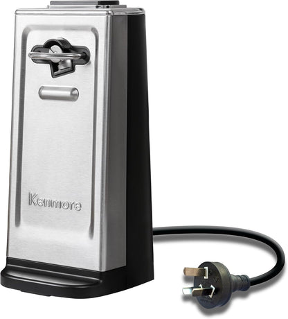 Kenmore Electric Can Opener - Extra-Tall, Smooth-Touch Side-Cut Blade, Safe Storage, Automatic Operation, Opens Regular & Pop-Top Cans, Camping Tool, Kitchen Gadget, Secure Grips, Black & Steel