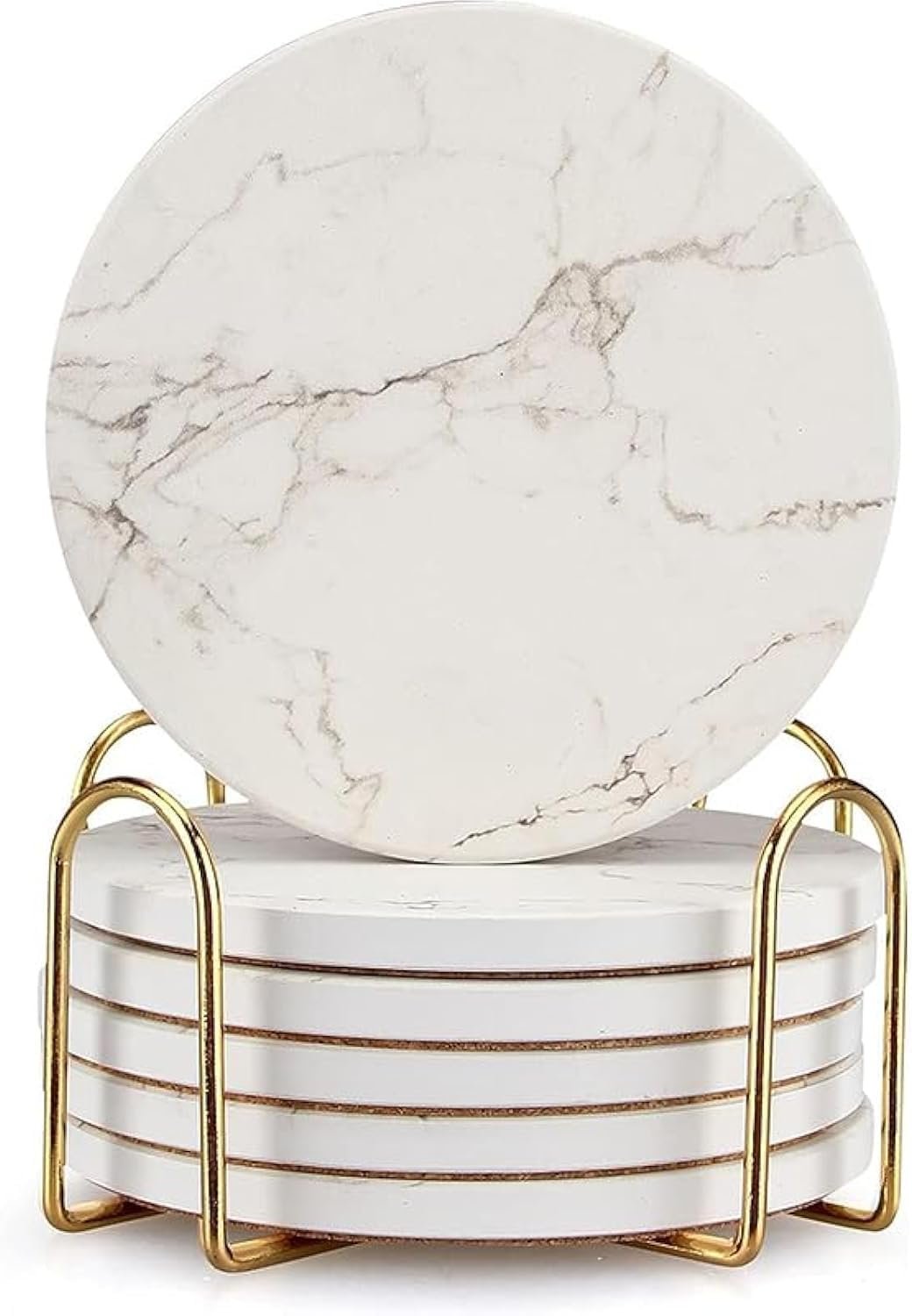 6 Pcs White Marble Coaster Set with Holder Best Absorbent Coasters Drink Coasters Ceramic Bar Coasters Cute Table Coasters Gift Cup Stone Coasters Modern Coasters