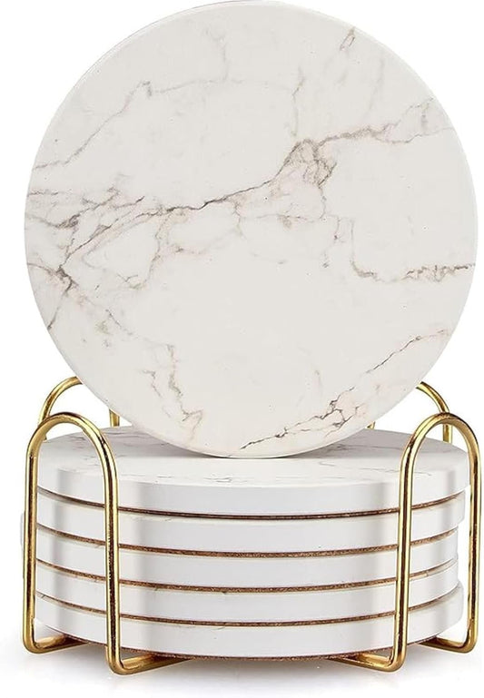 6 Pcs White Marble Coaster Set with Holder Best Absorbent Coasters Drink Coasters Ceramic Bar Coasters Cute Table Coasters Gift Cup Stone Coasters Modern Coasters