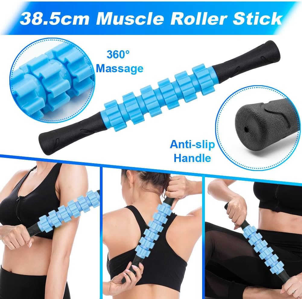 TINY SPARK 9 IN 1 Foam Roller, Yoga Rollers for Muscle Massage, Foam Roller with Muscle Roller Stick, Massage Roller, Spike Massage Ball, 4pcs Resistance Loop Bands All in Carrying Bag (33cm, Blue)