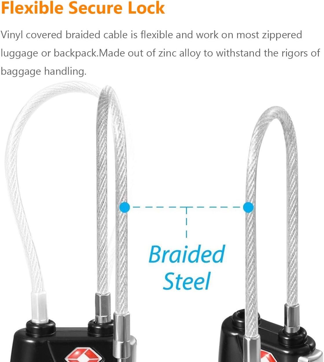 Luggage Locks, TSA Accepted 3 Digit Luggage Cable Locks with Alloy Body, Set Your Own Combination for Travel,Black