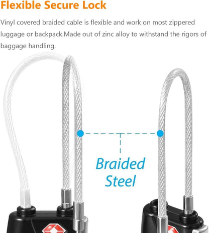 Luggage Locks, TSA Accepted 3 Digit Luggage Cable Locks with Alloy Body, Set Your Own Combination for Travel,Black
