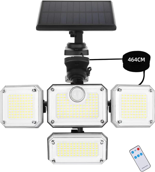 Solar Motion Sensor Light Outdoor-333LED Flood Light Motion Detection Solar Lights, 4 Heads 7000K 3600LM Security Lighting, 3 Modes with Remote Control and Waterproof for Garage Yard Entryways Patio