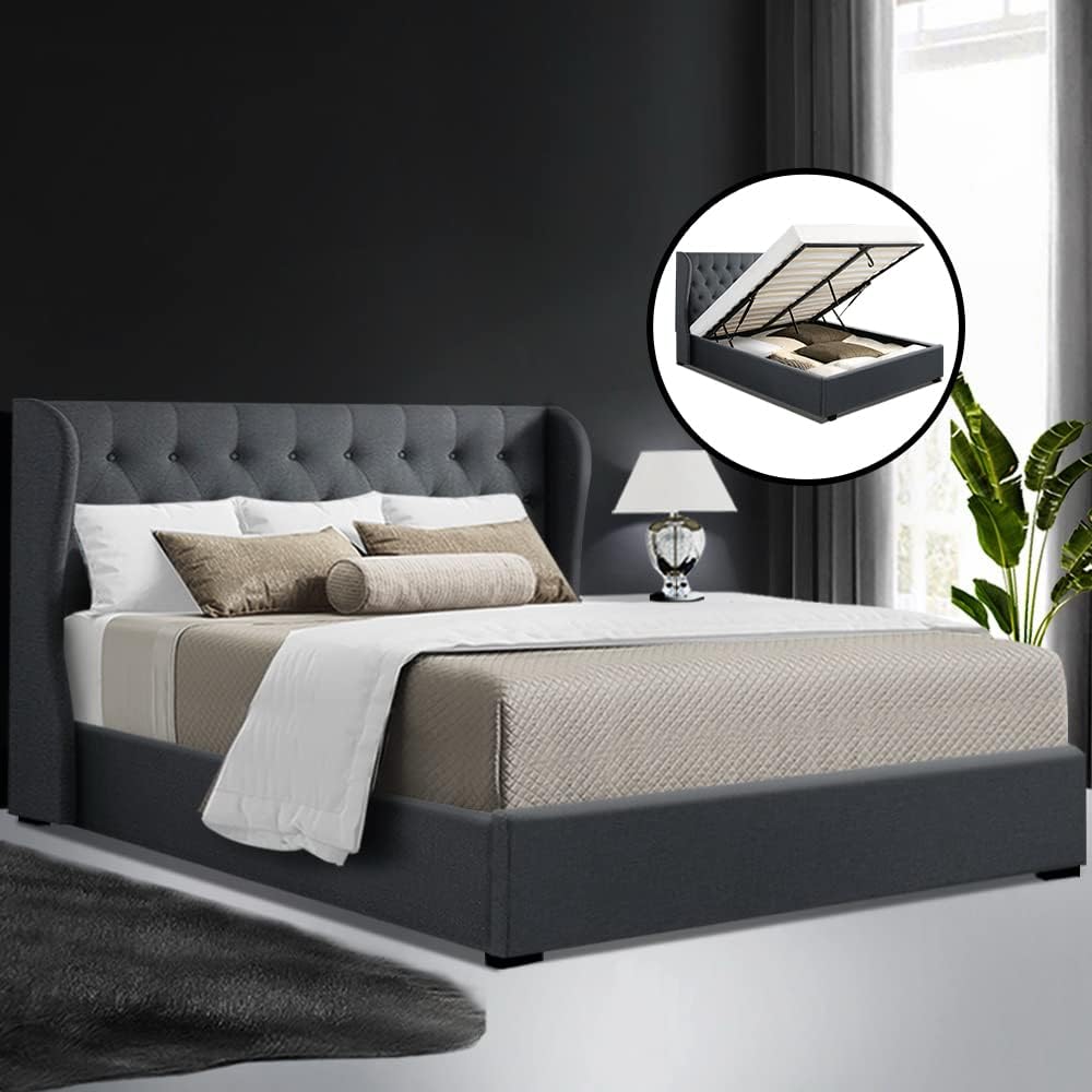 Artiss Queen Bed Frame Platform Wingback Headboard Frames Gas Lift Beds Base with Storage Space Bedroom Room Decor Home Furniture, Upholstered with Charcoal Faux Linen Fabric + Foam + Wood