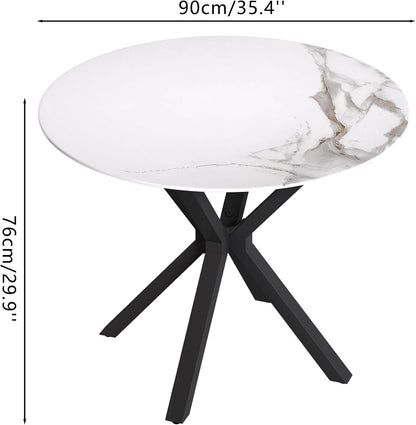 NIERN Round Dining Table, 35.4" Modern White Sintered Stone Table Top Kitchen Table, Dining Room Table with Black Powder Coated Legs for Home Living Room Kitchen