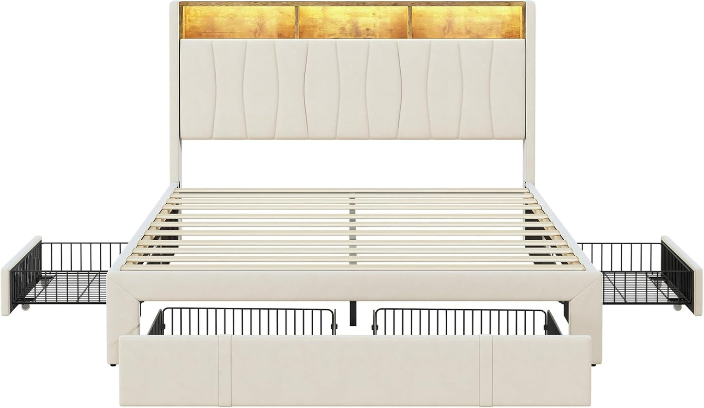 BRILVERDE Upholstered Bed, 160 x 200 cm, Double Bed with 4 Drawers and Slatted Base, LED Headboard with Storage, USB Charging Function, Velvet, Beige (160 x 200 cm)