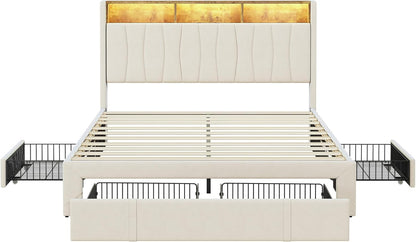 BRILVERDE Upholstered Bed, 160 x 200 cm, Double Bed with 4 Drawers and Slatted Base, LED Headboard with Storage, USB Charging Function, Velvet, Beige (160 x 200 cm)