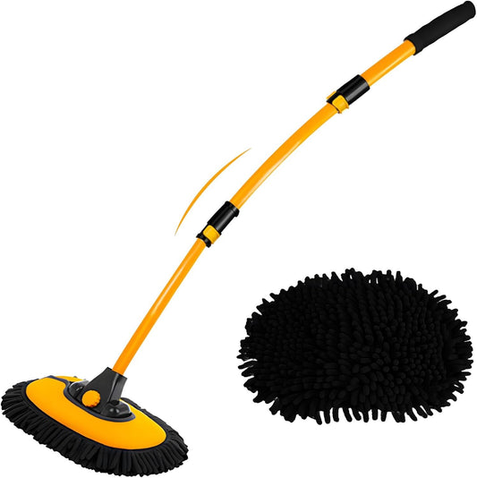 15Â°Curved Car Wash Brush with Long Handle 43" Extension Pole RV Truck Microfiber Cleaning Mop Auto SUV Wheel Boat Exterior Interior Detailing 2 in 1 Carwash Duster Not Hurt Paint Scratch Free