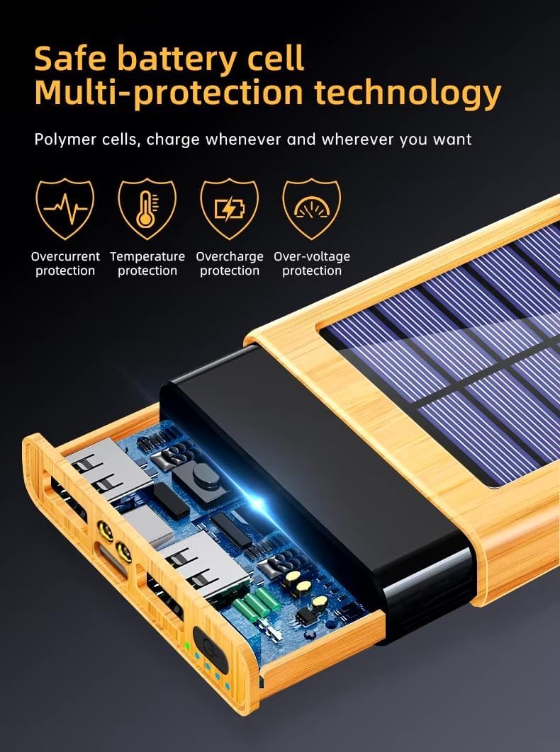 BamBoost Solar Charger Power Bank Bamboo Design - 36800mAh Power Bank, Portable Charger Eco Friendly External Battery Pack PD 22.5W and QC 3.0 Fast Charging Super Bright Flashlight Phone Charger