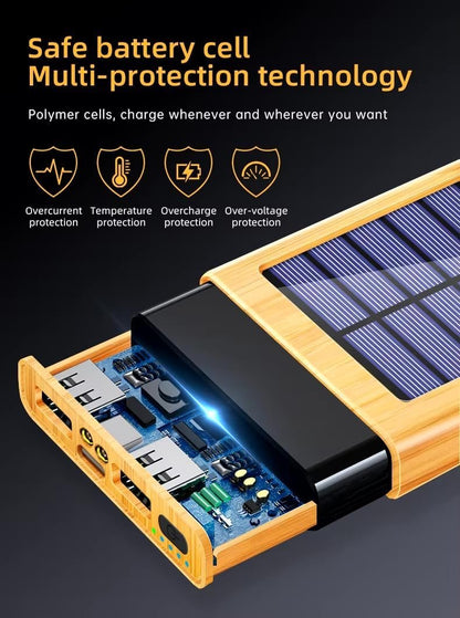BamBoost Solar Charger Power Bank Bamboo Design - 36800mAh Power Bank, Portable Charger Eco Friendly External Battery Pack PD 22.5W and QC 3.0 Fast Charging Super Bright Flashlight Phone Charger
