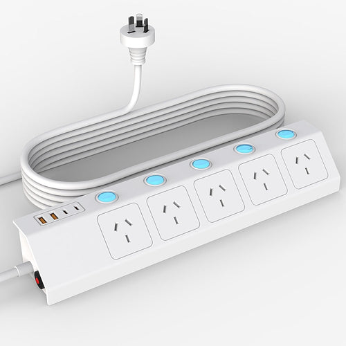 Power Board SAA Certified Power Strip with 5 AC Outlets, 2 USB A and 2 USB C Surge Protector 3m Extension Cord - Ideal for Home and Office Use