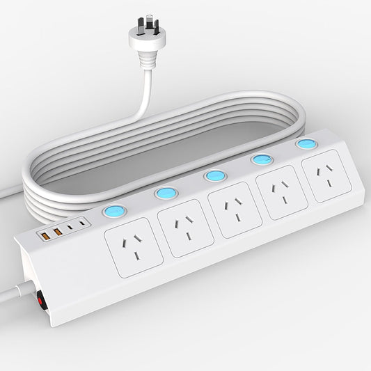 Power Board SAA Certified Power Strip with 5 AC Outlets, 2 USB A and 2 USB C Surge Protector 3m Extension Cord - Ideal for Home and Office Use