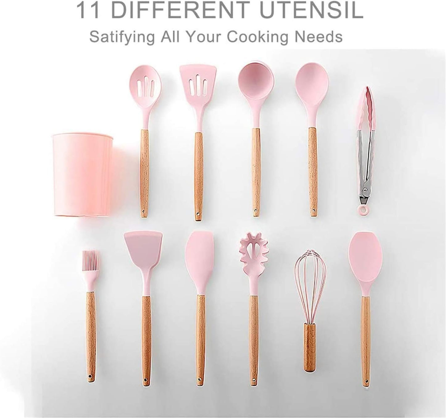 Hubei Silicone Kitchen Utensils Set Kitchen Utensils Wooden Handles Heat Resistant Kitchen Gadgets Grey Kitchen Utensils Non-Stick (Pink-12pcs)