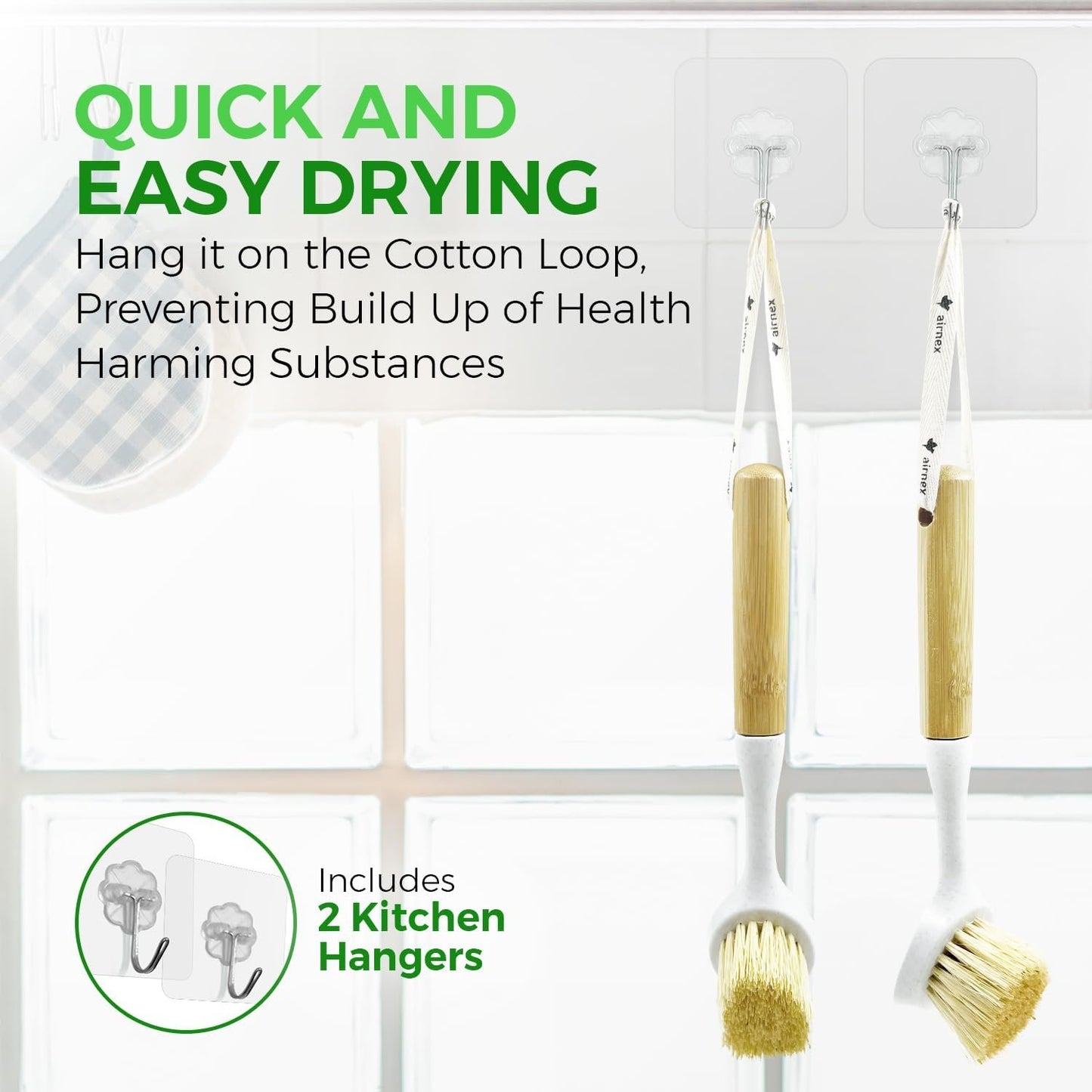AIRNEX Bamboo Dish Brush with Handle Pack of 2 - Natural Dish Scrub Brush Brosse Vaisselle - Plastic-Free Sisal Bristles Kitchen Dish Scrubber - Odour Free Wooden Dish Brush for Pots, Pans and Sink
