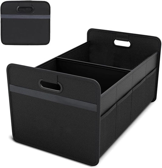 Car Trunk Organizer, Collapsible Two Compartment Car Storage with Reinforced Handles, Large Capacity Trunk Groceries Organizer, Auto Accessories Universal for Vehicle, Truck, Sedan (Black)
