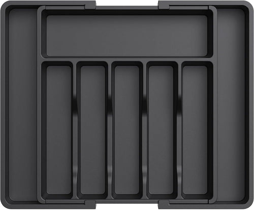 LOVJOYSE Silverware Drawer Organizer, Cutlery Drawer Organiser, Expandable Utensil Tray for Kitchen, Adjustable Plastic Storage for Spoons Forks Knives, Large, Black