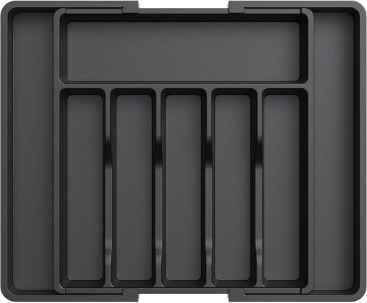 LOVJOYSE Silverware Drawer Organizer, Cutlery Drawer Organiser, Expandable Utensil Tray for Kitchen, Adjustable Plastic Storage for Spoons Forks Knives, Large, Black
