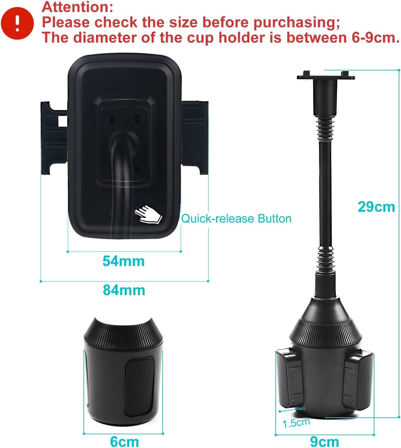 DBREAKS Universal Car Cup Holder, 360° Rotated Mobile Phone Car Black with 8.5 cm Neck Flexible and Adjustable for iPhone, Smartphone and Phone