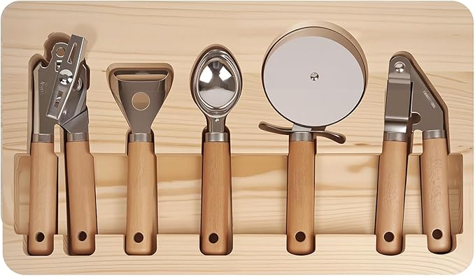 Stainless Steel Kitchen Gadget with Wood Organizer - Can Opener, Vegetable Peeler, Ice Cream Scoop, Pizza Cutter, Garlic Press - Kitchen Tools and Gadgets 2025 Cooking Kitchen Essentials