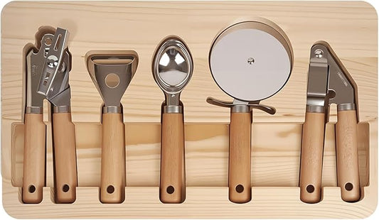 Stainless Steel Kitchen Gadget with Wood Organizer - Can Opener, Vegetable Peeler, Ice Cream Scoop, Pizza Cutter, Garlic Press - Kitchen Tools and Gadgets 2025 Cooking Kitchen Essentials