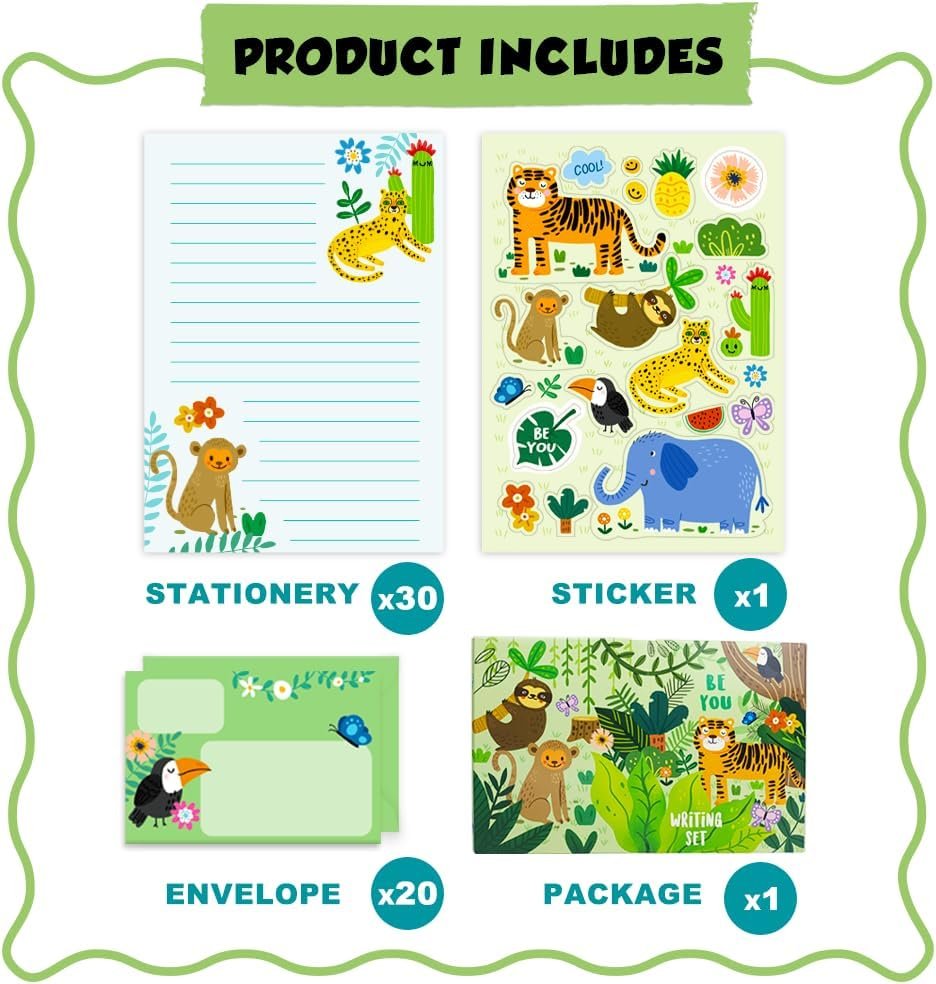 Paper Master Lined Stationary Paper and Envelopes Set for Kids Safari Animal Stationary Set with Lined Letter Writing Paper 30 Sheets + 20 Envelopes, 8.3 x 5.9 Inch of Each Stationary Paper