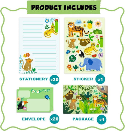 Paper Master Lined Stationary Paper and Envelopes Set for Kids Safari Animal Stationary Set with Lined Letter Writing Paper 30 Sheets + 20 Envelopes, 8.3 x 5.9 Inch of Each Stationary Paper