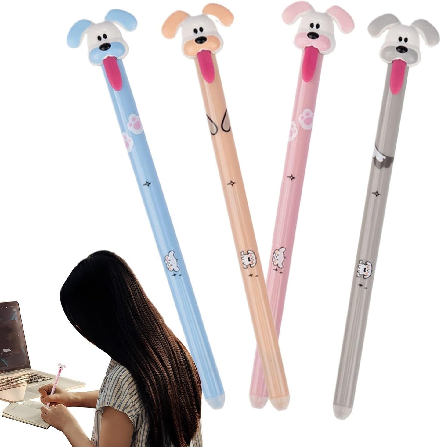 Cute Dog Pens for Kids - Erasable Ergonomic Gel Ink Pens,4X Portable Student Stationery, Cartoon School Supplies for Study, Meeting, Work, Daily Life