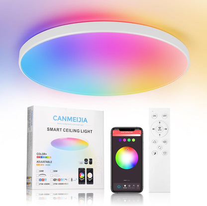 SILAMPDI Led Ceiling Light WiFi Tuya Control, 24W Smart Ceiling Light White, RGB Mode with Remote Control 16 Million Colors Timer & Memory 3000K-6500K Connect Alex Google Siri for Bedroom Living Room