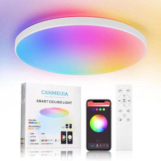 SILAMPDI Led Ceiling Light WiFi Tuya Control, 24W Smart Ceiling Light White, RGB Mode with Remote Control 16 Million Colors Timer & Memory 3000K-6500K Connect Alex Google Siri for Bedroom Living Room
