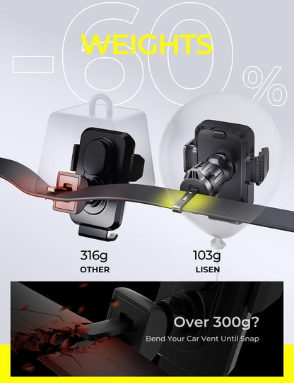 LISEN Wireless Car Charger Air Vent [3.5 oz Ultra-Lightweight Vent-Safe Design] Car Phone Holder for Galaxy S25 S24 S23 S22 S21 Ultra, iPhone 16 15 14 13 12 Pro Max All 4.7" to 6.8" Smartphones