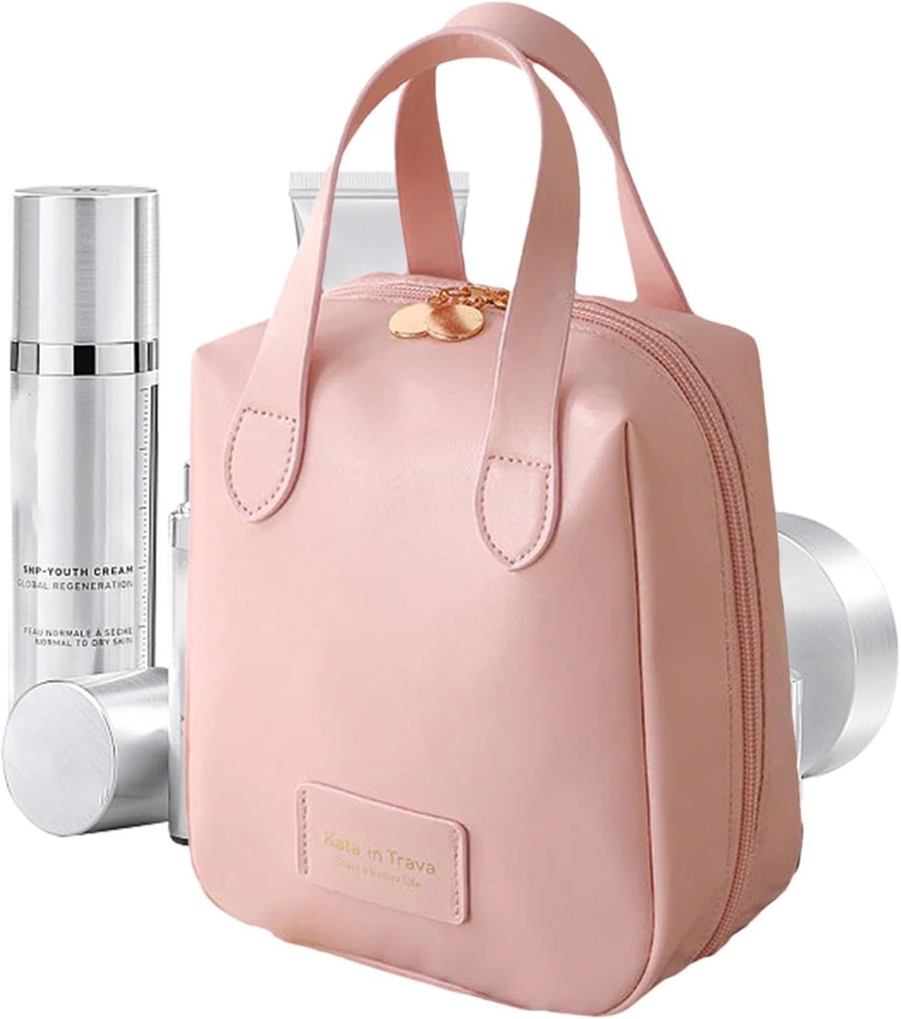 Travel Toiletry Bag | Women Makeup Bag | Large Capacity Makeup Organizer Pouch with Handle, 2 Compartments 6 Pockets Portable Hygiene Bag for Shampoo, Make Up, Perfume, Personal Item, Pink, Refer to
