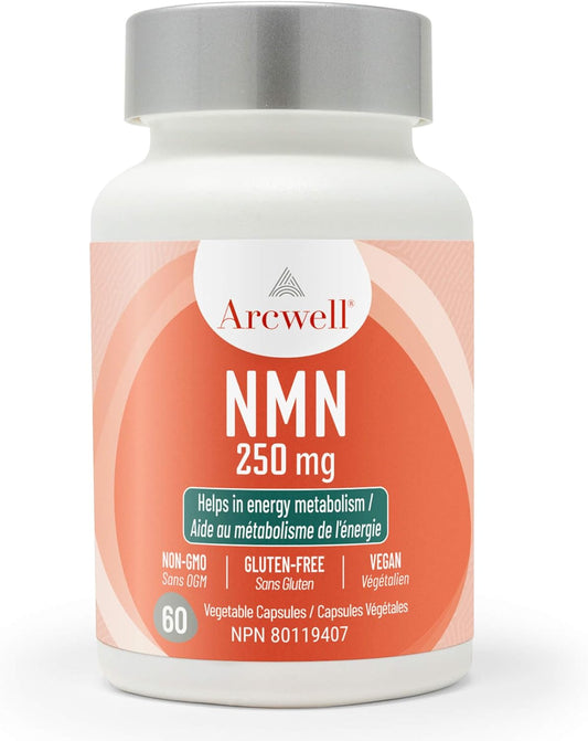 Arcwell NMN (Nicotinamide Mononucleotide) 250 mg per Capsule | NAD+ Boost Supplement for Healthy Aging & Energy Production | High Purity 99.8% | Made in Canada (60 day supply)