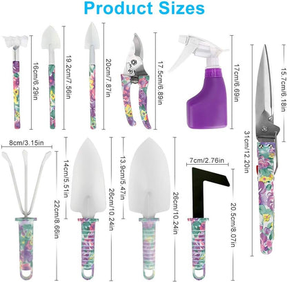 Garden Tool Set, Jhua 10 Pieces Gardening Tools with Carrying Case, Ergonomic Handle Trowel Rake Weeder Pruner Shears Sprayer, Garden Hand Tools Gardening Gifts for Women Men (Purple)