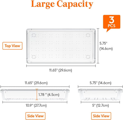 Lifewit Silverware Drawer Organizer, 5.75" x 11.65" Clear Utensil Tray for Kitchen Drawer, Stackable Plastic Flatware and Cutlery Storage Box Divider for Spoons Forks Knives Tools, 3 Pack