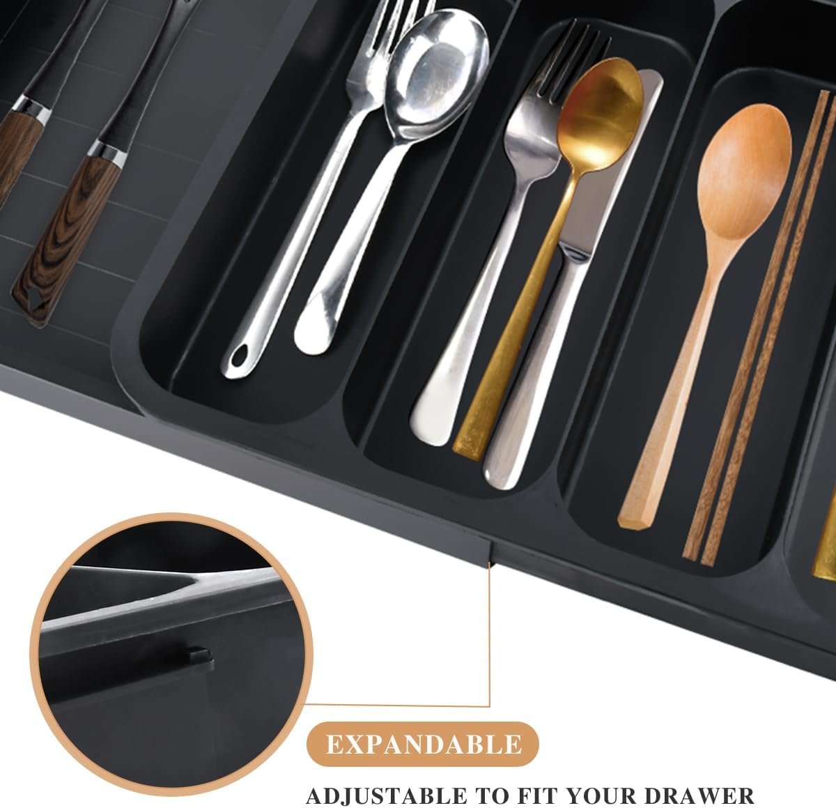 BUYGOO Expandable Cutlery Drawer Organiser, Utensil Drawer Organiser Cutlery Tray Kitchen Drawer Organiser 6 Compartment Adjustable Large Cutlery Drawer Inserts Knife and Fork Drawer Organiser, Black