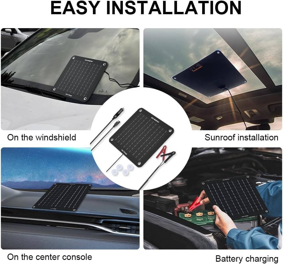 ECO-WORTHY 10W Solar Car Battery Charger Maintainer 12V Waterproof Solar Panel Portable Solar Trickle Charger for Car Truck Boat Lawn Mower RV Trailer Tractor ATV Utility Vehicle Battery