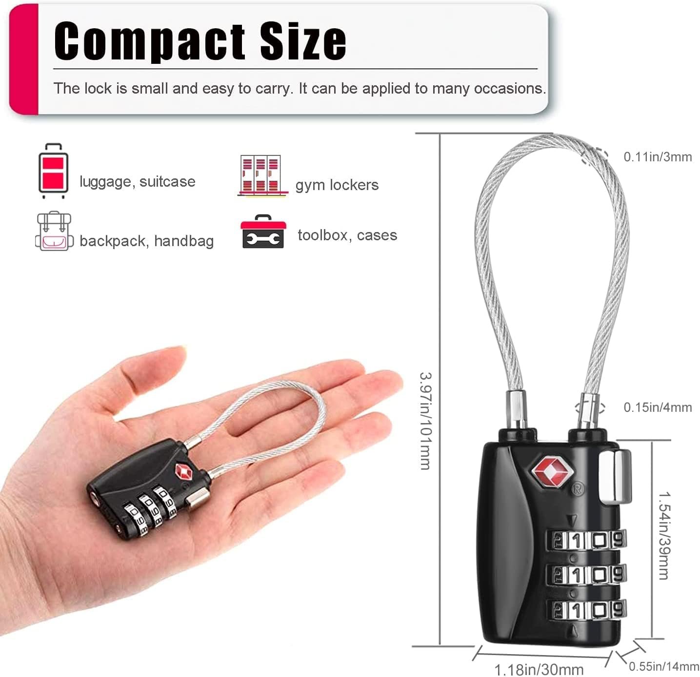 Luggage Locks 2 Pack, TSA Cable Travel Lock, Safe Padlock for Gym, School, Suitcases, Baggage, Small Cabinets, Computer Bags