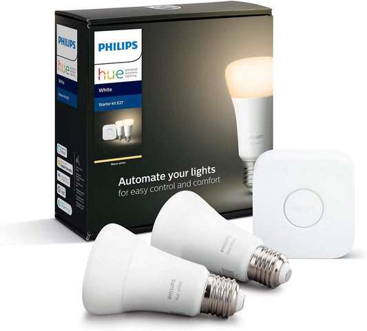 Philips Lighting Hue White Starter Kit with 2 E27 Bulbs, with Bluetooth, Warm White Dimmable Light + 1 Hue Bridge Full System Control, White