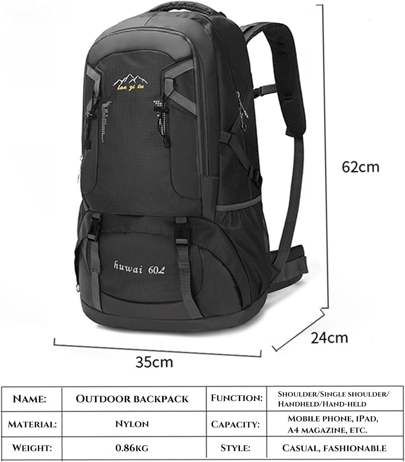 XCJump 60L Hiking Backpack Water Resistant Outdoor Sports Travel Daypack Bag Lightweight Bag For Women Men Mountaineering Camping Tourism