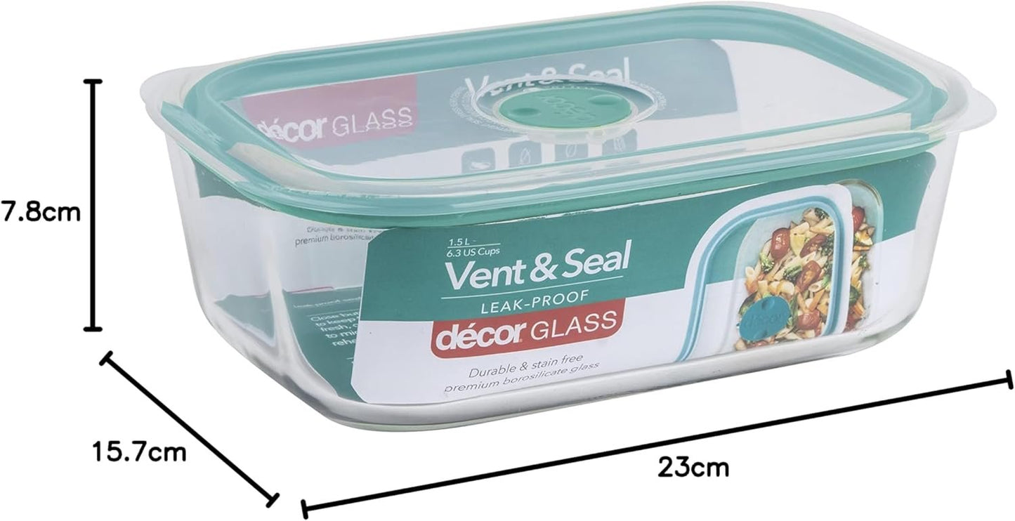 Decor Vent & Seal Glass Oblong Food Container, 1.5 Liter Capacity, Transparent