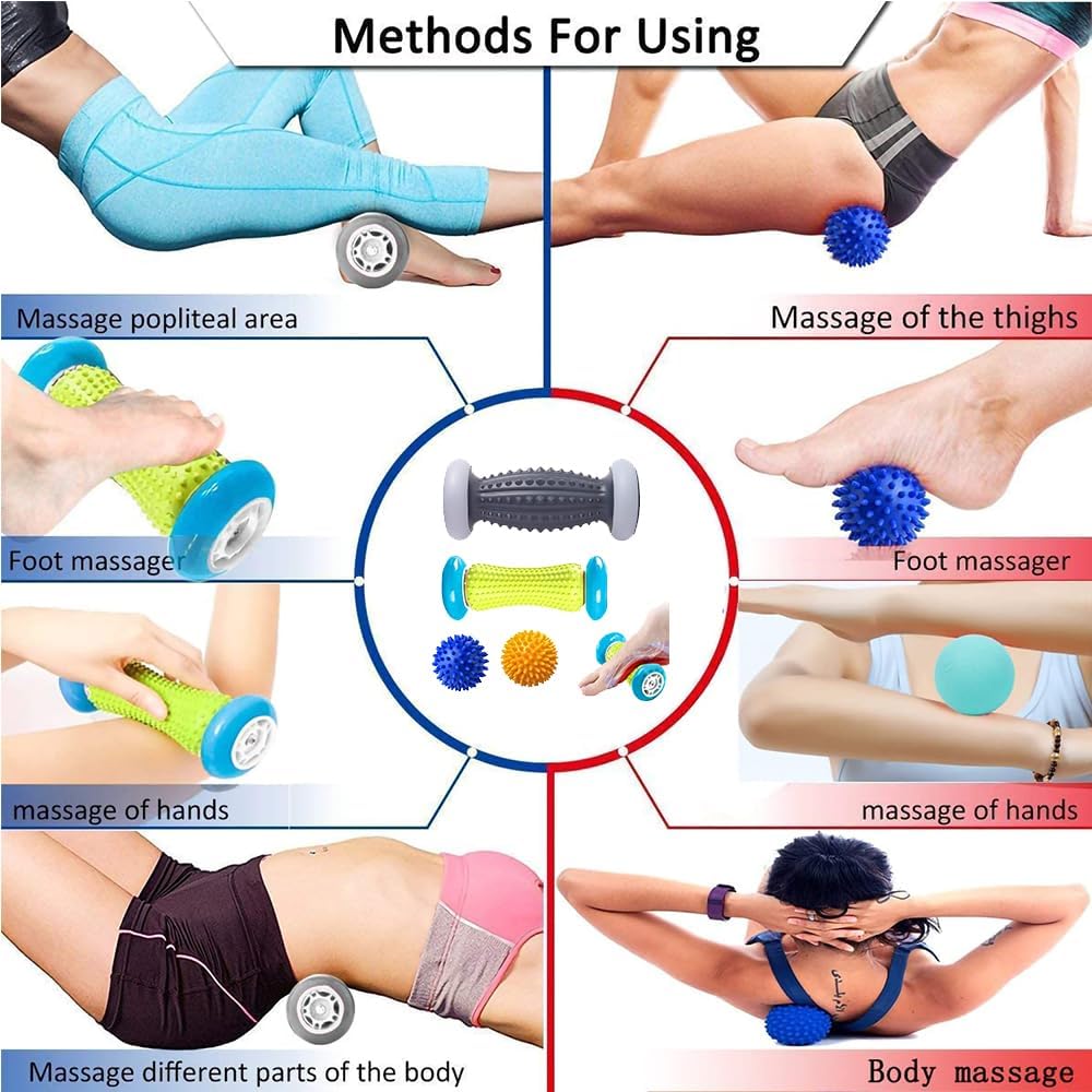 GIOD 4-Piece Foot Massage Set - 2 Rollers (20cm) & 2 Massage Balls (7.5cm) for Plantar Fasciitis Relief, Physiotherapy Ball Massager