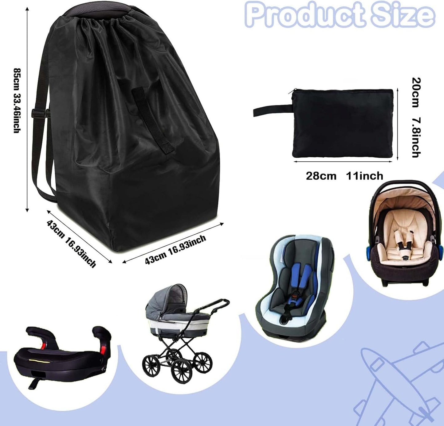 Baby Car Seat Travel Bag,Dust Water Resistant Easy Carry Gate Check Airport Protector Bag, Fits Convertible Car Seats, Booster Seat, Infant Car seat Gate Check Bag Cover for Airplane (Black)