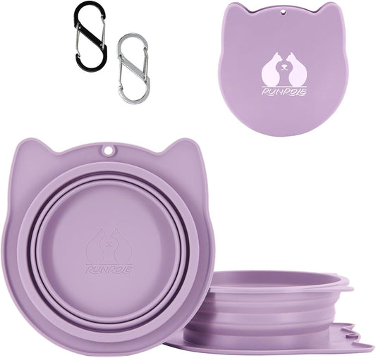 RUNROLE 2-in-1 Collapsible Silicone Dog Travel Bowls, Slot Together and Use Separately, Portable Pet Food Water Bowls, Foldable Cat Feeding Watering Dishes, 20OZ+27OZ(Purple)