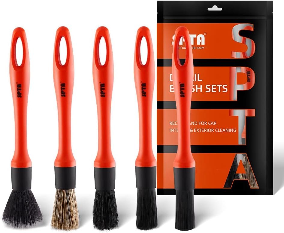 SPTA Car Detailing Brush Set – 5 Pieces with Different Hair and Mixed Plastic Handle – Cleaning Kit for Indoors, Outdoors, Wheels, Rims and Leather