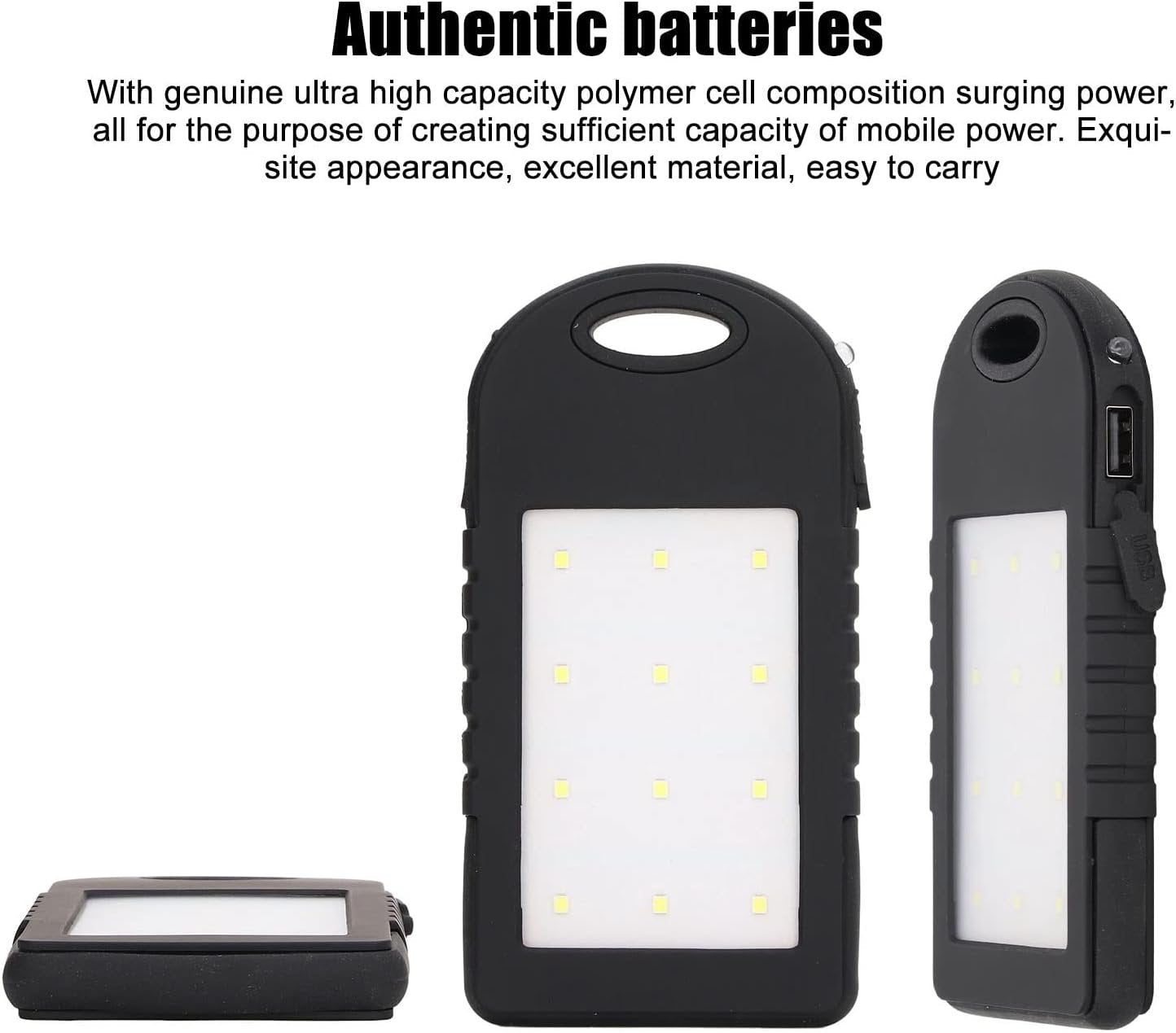 GRCFUMO 5000mAh Solar Power Bank, Solar Charging Powerbank, Portable Power Bank, External Battery Power Bank with 12LED Flashlight for Outdoor Camping Fishing Black