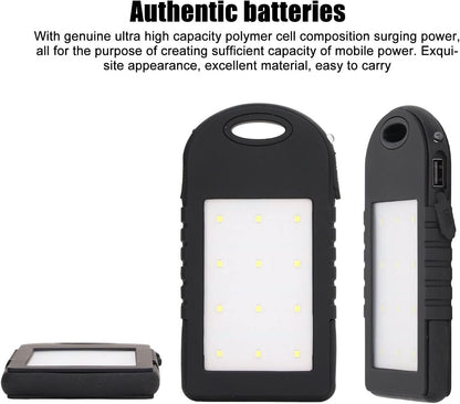 GRCFUMO 5000mAh Solar Power Bank, Solar Charging Powerbank, Portable Power Bank, External Battery Power Bank with 12LED Flashlight for Outdoor Camping Fishing Black