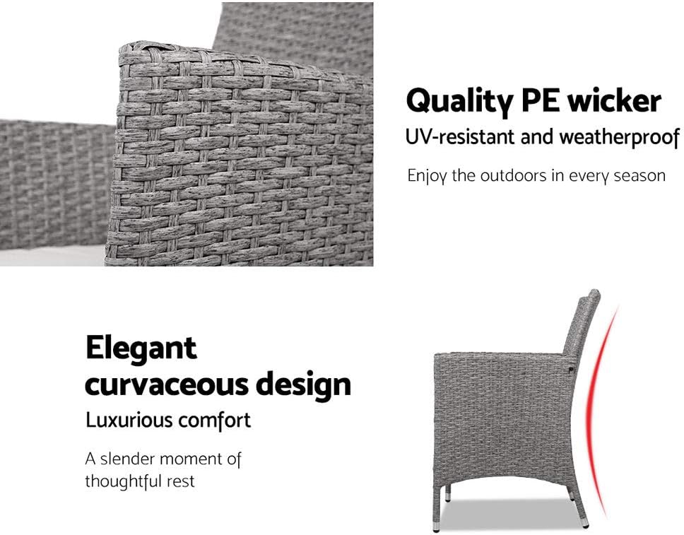 Gardeon 3pcs Wicker Patio Furniture, Bistro Set Table and Chairs Outdoor Lounge Setting Conversation Sets Dining Chair Garden Backyard, Cushion with Rattan Coffee Table Glass Tabletop Grey