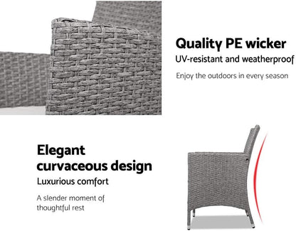 Gardeon 3pcs Wicker Patio Furniture, Bistro Set Table and Chairs Outdoor Lounge Setting Conversation Sets Dining Chair Garden Backyard, Cushion with Rattan Coffee Table Glass Tabletop Grey